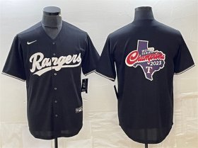Cheap Men\'s Texas Rangers Black 2023 World Series Champions Big Logo Cool Base Stitched Baseball Jersey