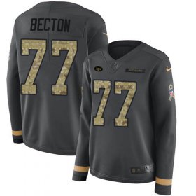 Wholesale Cheap Nike Jets #77 Mekhi Becton Anthracite Salute to Service Women\'s Stitched NFL Limited Therma Long Sleeve Jersey