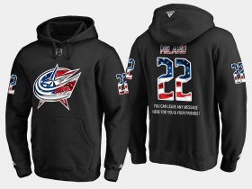 Wholesale Cheap Blue Jackets #22 Sonny Milano NHL Banner Wave Usa Flag Black Hoodie