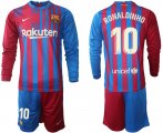 Wholesale Cheap Men 2021-2022 Club Barcelona home red blue Long Sleeve 10 Nike Soccer Jersey