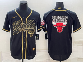 Wholesale Cheap Men\'s Chicago Bulls Black Gold Team Big Logo With Patch Cool Base Stitched Baseball Jersey