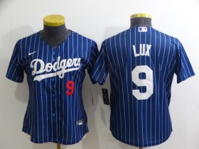 Wholesale Cheap Women\'s Los Angeles Dodgers #9 Gavin Lux Navy Blue Pinstripe Stitched MLB Cool Base Nike Jersey