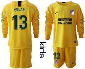 Wholesale Cheap Atletico Madrid #13 Oblak Yellow Goalkeeper Long Sleeves Kid Soccer Club Jersey