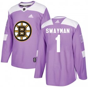 Wholesale Cheap Men\'s Boston Bruins #1 Jeremy Swayman Adidas Authentic Fights Cancer Practice Jersey - Purple