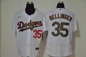 Wholesale Cheap Men\'s Los Angeles Dodgers #35 Cody Bellinger White With Green Name Stitched MLB Flex Base Nike Jersey
