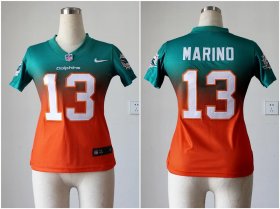 Wholesale Cheap Nike Dolphins #13 Dan Marino Aqua Green/Orange Women\'s Stitched NFL Elite Fadeaway Fashion Jersey