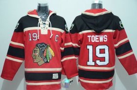 Wholesale Cheap Blackhawks #19 Jonathan Toews Red Sawyer Hooded Sweatshirt Stitched NHL Jersey