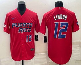 Cheap Men\'s Puerto Rico Baseball #12 Francisco Lindor Number 2023 Red World Baseball Classic Stitched Jerseys