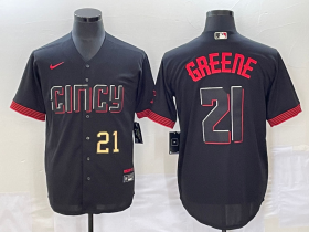 Wholesale Cheap Men\'s Cincinnati Reds #21 Hunter Greene Number Black 2023 City Connect Cool Base Stitched Jersey