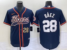 Wholesale Cheap Men\'s Detroit Tigers #28 Javier Baez Number Navy Blue Cool Base Stitched Baseball Jersey
