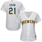 Wholesale Cheap Brewers #21 Travis Shaw White Strip Home Women's Stitched MLB Jersey
