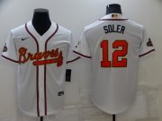 Wholesale Cheap Men's Atlanta Braves #12 Jorge Soler 2022 White Gold World Series Champions Program Cool Base Stitched Baseball Jersey