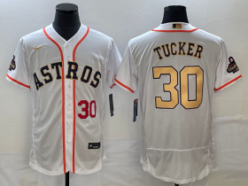 Wholesale Cheap Men\'s Houston Astros #30 Kyle Tucker Number 2023 White Gold World Serise Champions Patch Flex Base Stitched Jersey2
