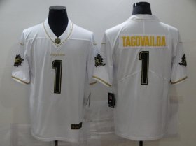 Wholesale Cheap Men\'s Miami Dolphins #1 Tua Tagovailoa White 100th Season Golden Edition Jersey