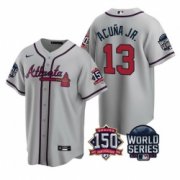 Wholesale Cheap Men Atlanta Braves 13 Ronald Acuna Jr 2021 Gray World Series With 150th Anniversary Patch Cool Base Stitched Jersey