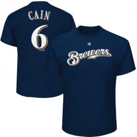 Wholesale Cheap Milwaukee Brewers #6 Lorenzo Cain Majestic Official Name & Number T-Shirt Navy