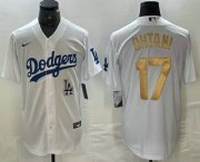 Cheap Men's Los Angeles Dodgers #17 Shohei Ohtani White Gold Stitched Cool Base Nike Jersey
