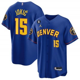Wholesale Cheap Men\'s Denver Nuggets #15 Nikola Jokic Blue With No.6 Patch Stitched Jersey