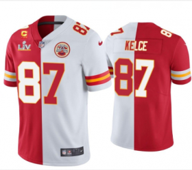 Wholesale Men\'s Kansas City Chiefs #87 Travis Kelce Red White Split Vapor Limited 2021 Super Bowl LIV Stitched Jersey