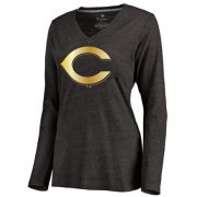 Wholesale Cheap Women's Cincinnati Reds Gold Collection Long Sleeve V-Neck Tri-Blend T-Shirt Black