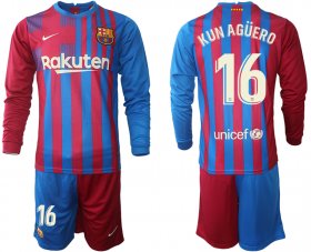 Wholesale Cheap Men 2021-2022 Club Barcelona home red blue Long Sleeve 16 Nike Soccer Jersey