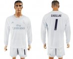 Wholesale Cheap Real Madrid #1 I.Casillas Marine Environmental Protection Home Long Sleeves Soccer Club Jersey