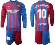 Wholesale Cheap Men 2021-2022 Club Barcelona home red blue Long Sleeve 10 Nike Soccer Jersey