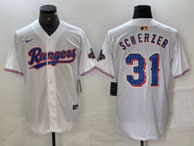 Cheap Men\'s Texas Rangers #31 Max Scherzer White 2023 World Series Champions Cool Base Jersey