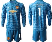Wholesale Cheap Manchester United #1 De Gea Light Blue Goalkeeper Long Sleeves Soccer Club Jersey