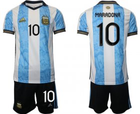 Cheap Men\'s Argentina #10 Diego Maradona White Blue Home Soccer Jersey Suit