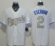 Wholesale Cheap Royals #2 Alcides Escobar White New Cool Base 2015 World Series Champions Gold Program Stitched MLB Jersey