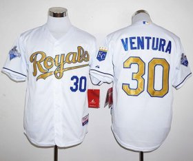 Wholesale Cheap Royals #30 Yordano Ventura White 2015 World Series Champions Gold Program Stitched MLB Jersey