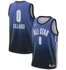 Cheap Men\'s 2023 All-Star #0 Damian Lillard Blue Game Swingman Stitched Basketball Jersey