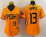 Wholesale Cheap Women's Pittsburgh Pirates #13 KeBryan Hayes Number Yellow 2023 City Connect Stitched Jersey1