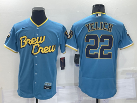 Wholesale Cheap Men\'s Milwaukee Brewers #22 Christian Yelich Blue 2022 City Connect Flex Base Stitched Jersey