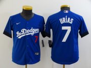 Wholesale Cheap Youth Los Angeles Dodgers #7 Julio Urias Blue 2021 City Connect Number Cool Base Stitched Jersey