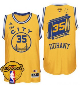 Wholesale Cheap Men\'s Warriors #35 Kevin Durant Gold Throwback The City 2017 The Finals Patch Stitched NBA Jersey
