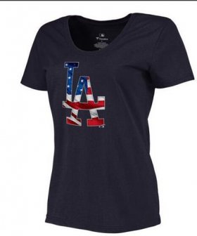 Wholesale Cheap Women\'s Los Angeles Dodgers USA Flag Fashion T-Shirt Navy Blue