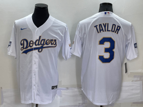 Wholesale Cheap Men\'s Los Angeles Dodgers #3 Chris Taylor White Gold Championship Stitched MLB Cool Base Nike Jersey