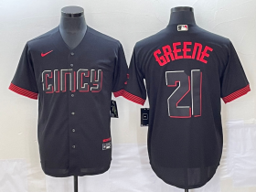 Wholesale Cheap Men\'s Cincinnati Reds #21 Hunter Greene Black 2023 City Connect Cool Base Stitched Jersey1