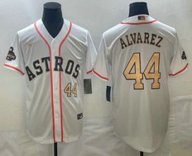 Cheap Men\'s Houston Astros #44 Yordan Alvarez Number 2023 White Gold World Serise Champions Patch Cool Base Stitched Jersey