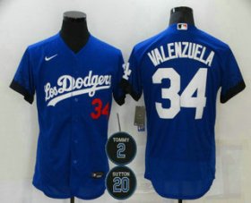 Wholesale Cheap Men\'s Los Angeles Dodgers #34 Fernando Valenzuela Blue #2 #20 Patch City Connect Flex Base Stitched Jersey