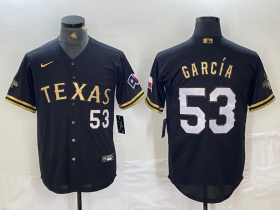 Cheap Men\'s Texas Rangers #53 Adolis Garcia Black Gold Cool Base Stitched Baseball Jersey