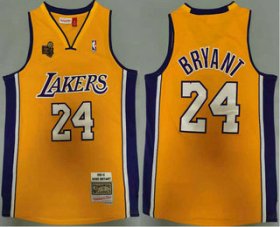 Wholesale Cheap Men\'s Los Angeles Lakers #24 Kobe Bryant Yellow Champion Patch 2009-10 Hardwood Classics Soul Swingman Throwback Jersey