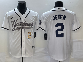Wholesale Cheap Men\'s New York Yankees #2 Derek Jeter Number White Cool Base Stitched Baseball Jersey