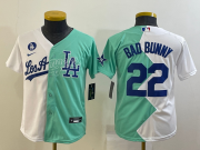 Wholesale Cheap Youth Los Angeles Dodgers #22 Bad Bunny White Green Two Tone 2022 Celebrity Softball Game Cool Base Jersey