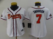 Wholesale Cheap Women's Atlanta Braves #7 Dansby Swanson 2022 White Gold World Series Champions Program Cool Base Stitched Baseball Jersey