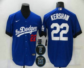 Wholesale Cheap Men\'s Los Angeles Dodgers #22 Clayton Kershaw Blue #2 #20 Patch City Connect Number Cool Base Stitched Jersey