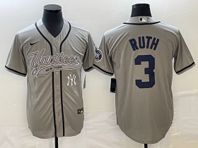 Wholesale Cheap Men\'s New York Yankees #3 Babe Ruth Gray With Patch Cool Base Stitched Baseball Jersey