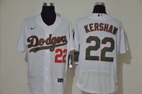 Wholesale Cheap Men\'s Los Angeles Dodgers #22 Clayton Kershaw White With Green Name Stitched MLB Flex Base Nike Jersey